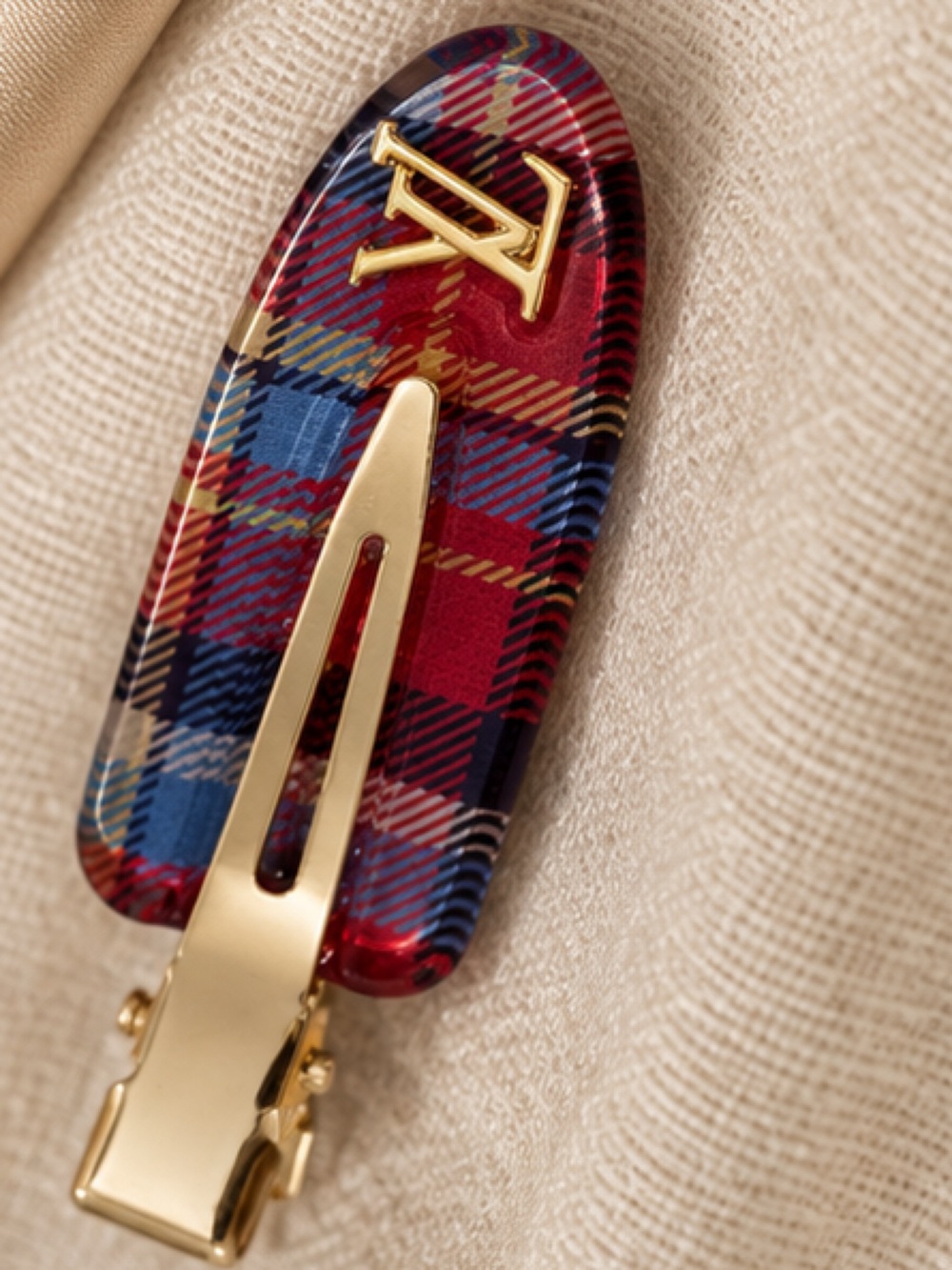 Designer Inspired Red and Blue Plaid Gold-Hair Clip